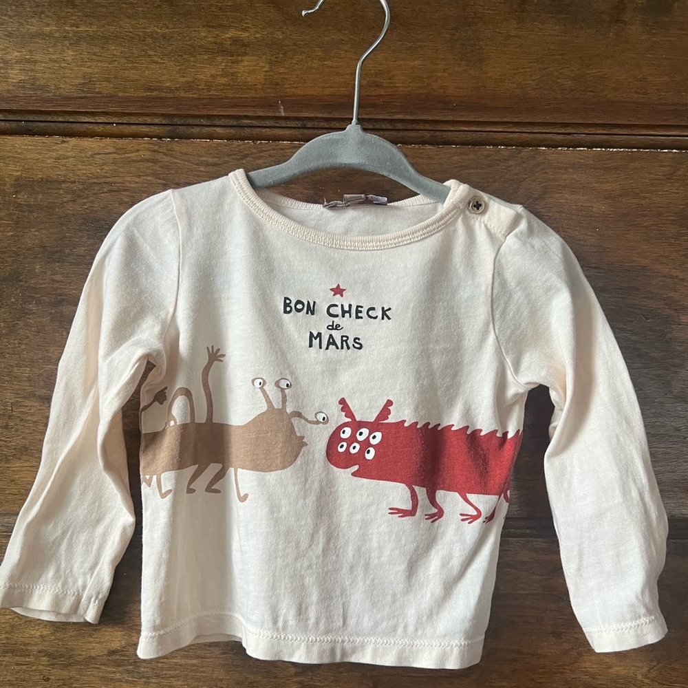 Emile et Ida | 100% Cotton Cream Long Sleeve Tee with Fun Print  (6 months)